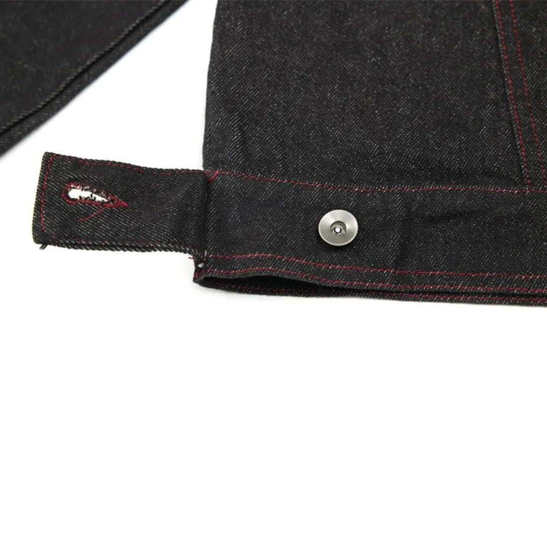 Black Denim Jacket With Lapel Collar and Red Stitching