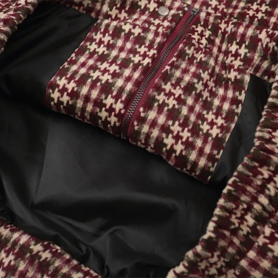 Plaid-Pattern Mid-length Jacket with Leather Collar
