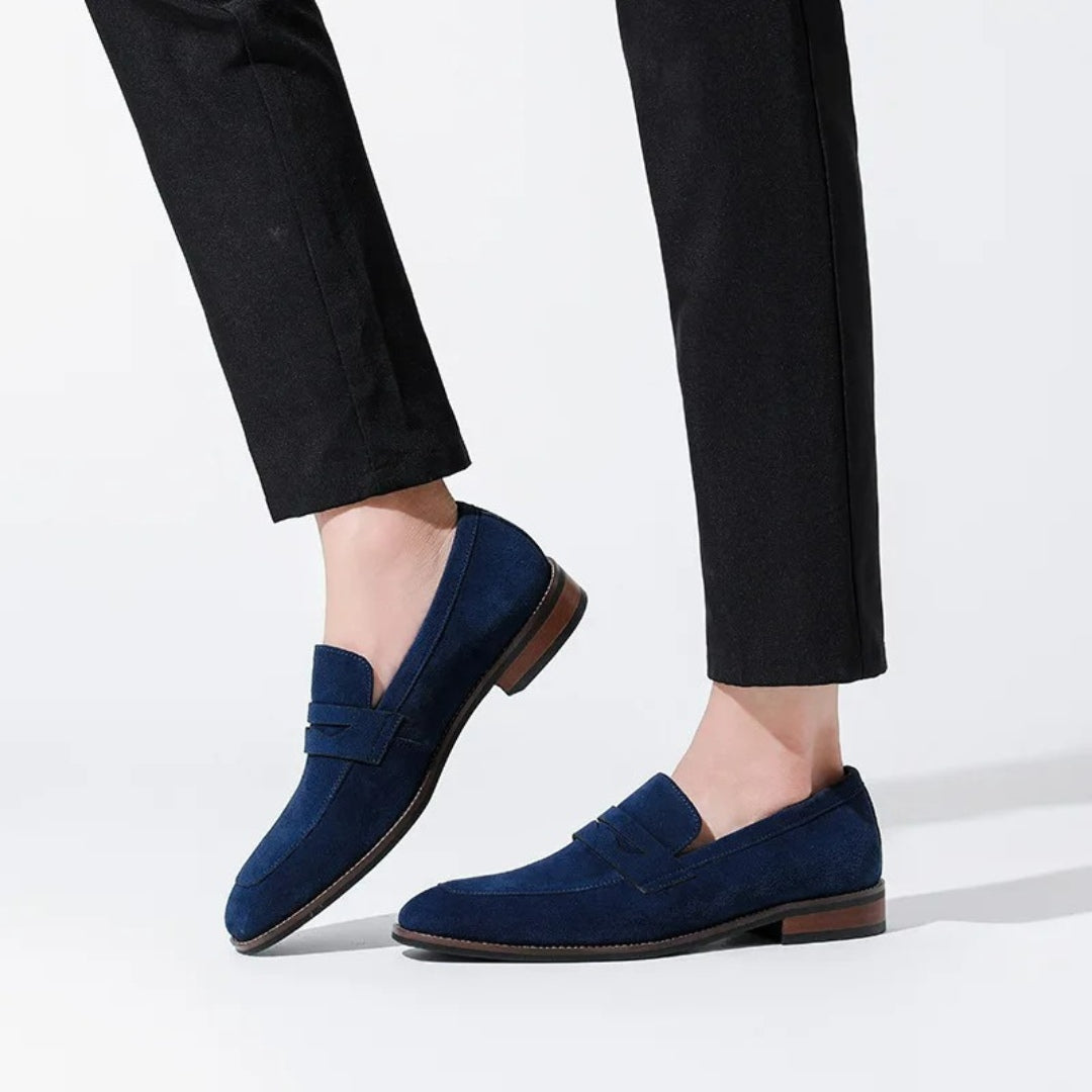 Suede Penny Business Loafers with Low Block Heel