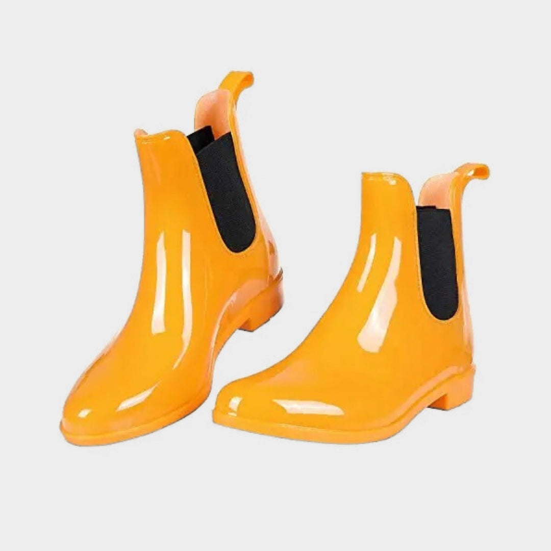 Glossy Waterproof Chelsea Ankle Rain Boots with Low Heel and Pointed Toe