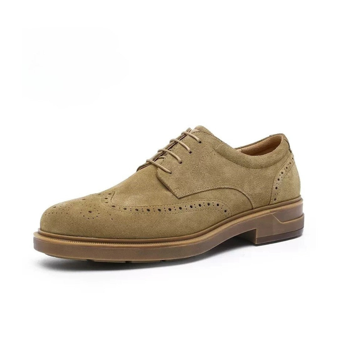 Brogue Suede Leather Derby Dress Shoes With Raised Sole and Block Heel