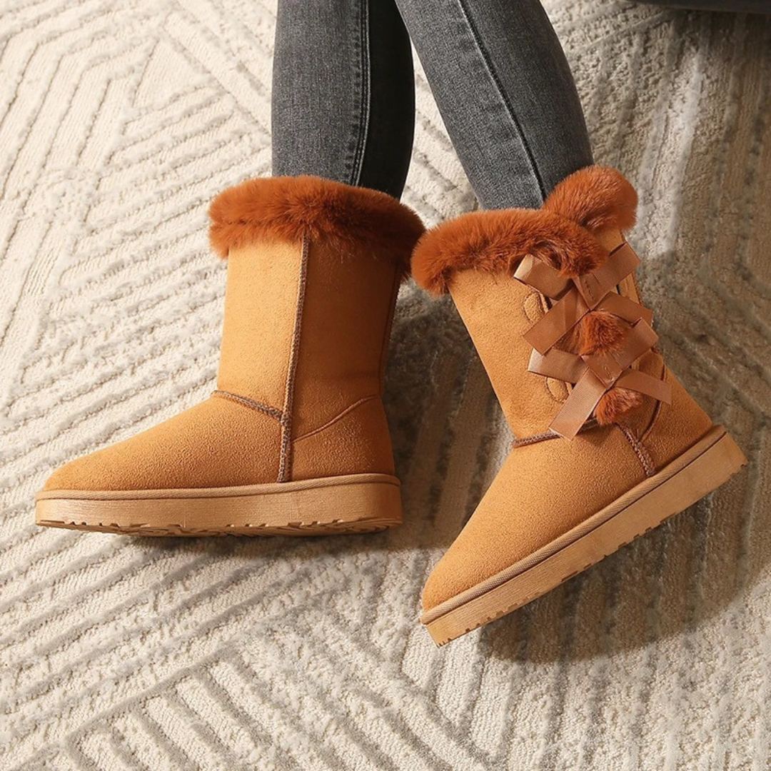 Mid-Calf Slip-On Winter Platform Boots With Side Bow Details and Plush Lining