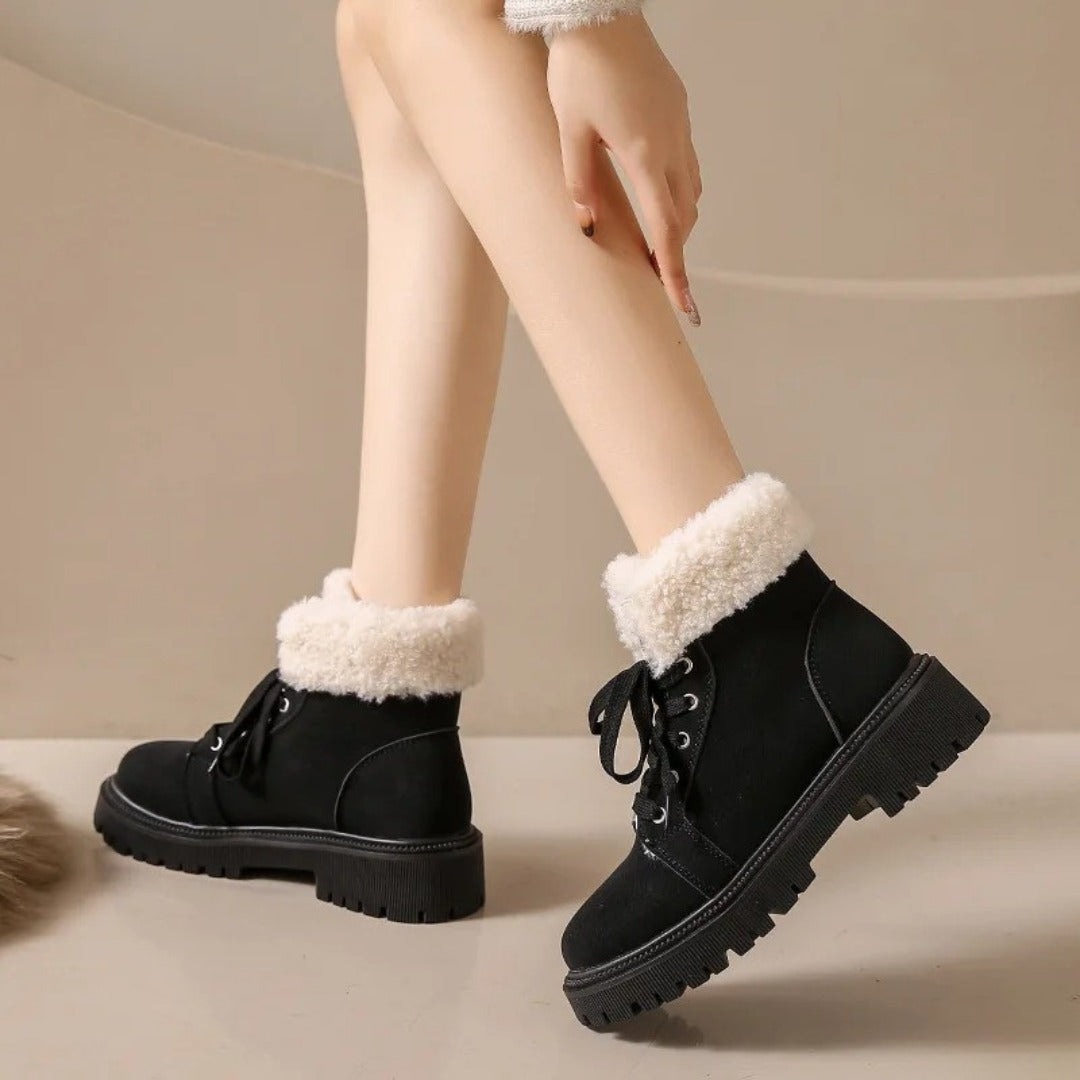 Suede Lace-Up Ankle Snow Boots with Faux-Shearling Lining and Chunky Sole