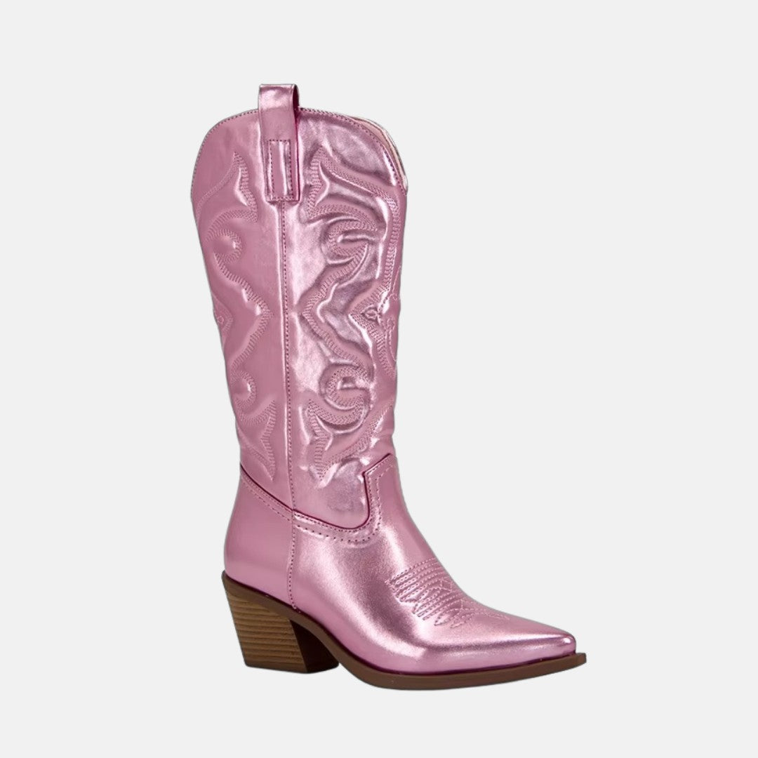 Metallic Finish Embroidered Mid-Calf Western Cowboy Boots