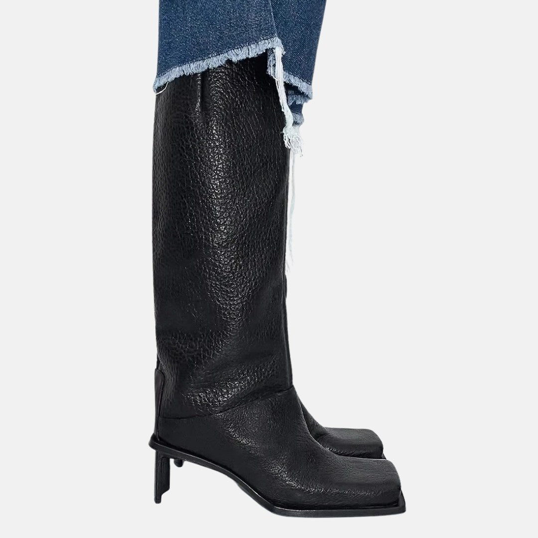 Knee-High High-Heel Leather Boots with Square Toe