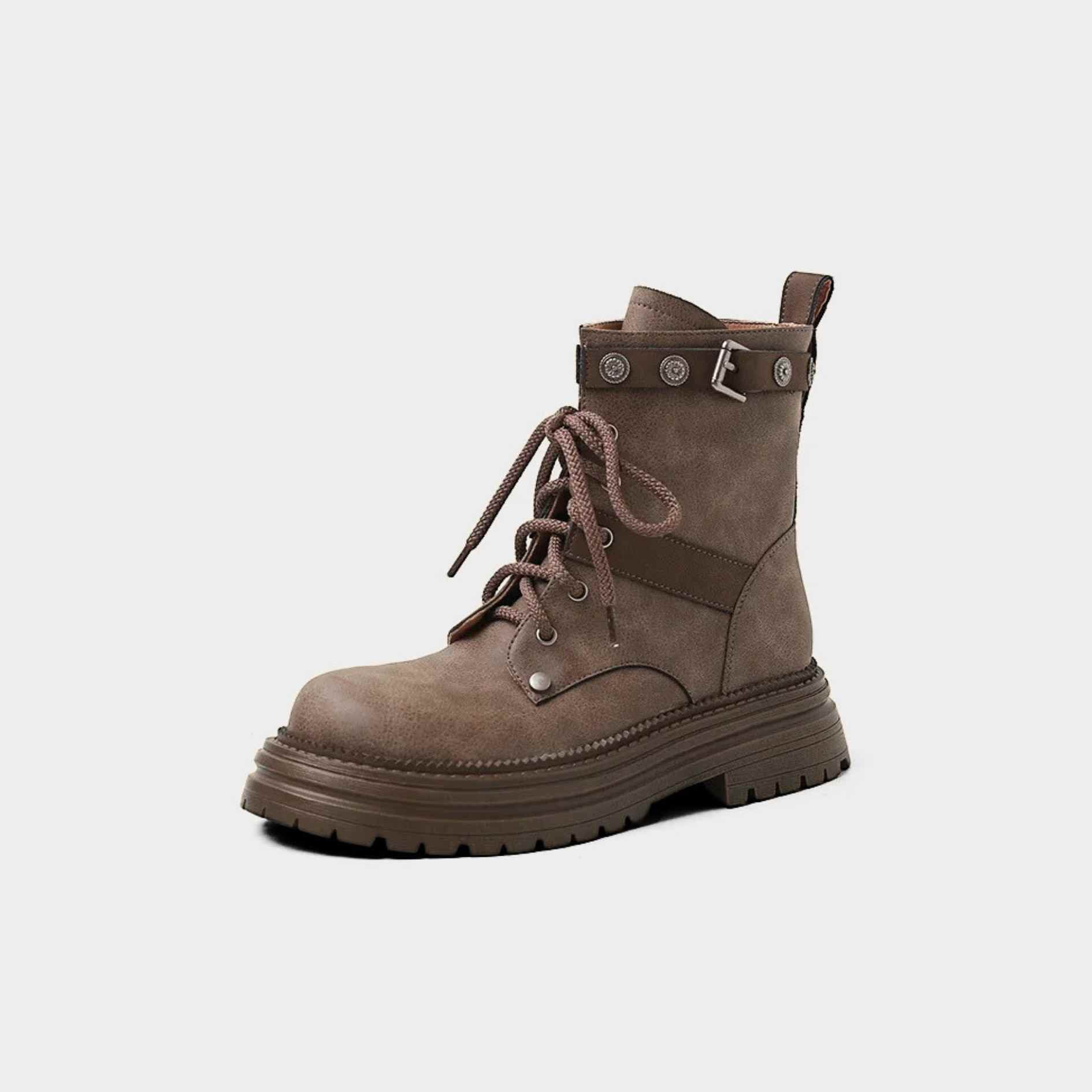 Leather Lace-Up Ankle Boots with Rivet Strap and Chunky Sole