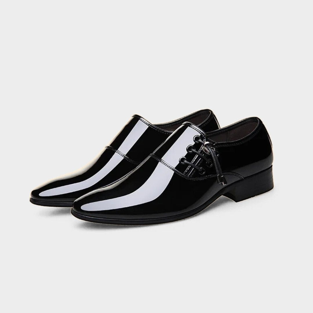 Patent Gloss Finish Pointed Dress Shoes with Side Lacing Detail and Low Block Heel