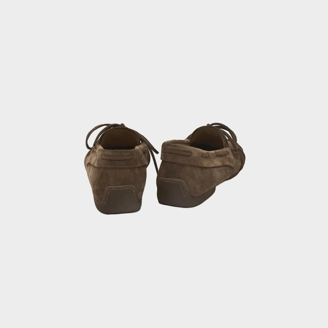 Brown Suede Leather Font-Lace Boat Loafers