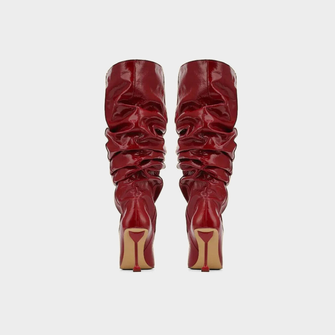 Wrinkled Patent Slouch Knee-High Stiletto Boots with Pointed Toe