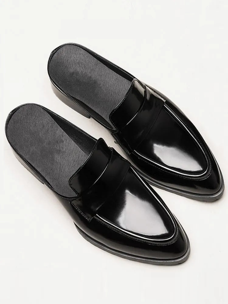 Black Leather Pointed Toe Mule Loafers