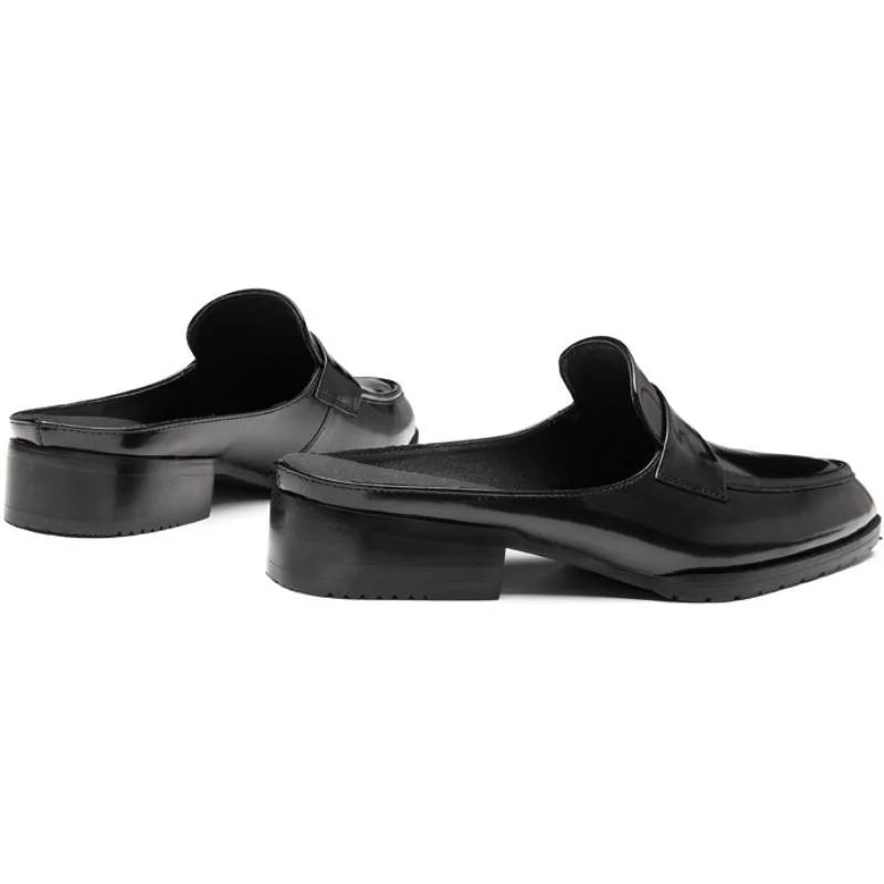 Black Leather Pointed Toe Mule Loafers