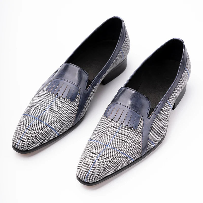 Navy Checkered Fringe Loafers