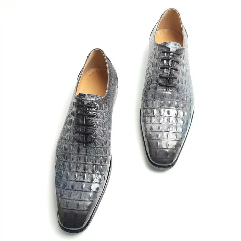 Silver Crocodile-Embossed Leather Dress Shoes