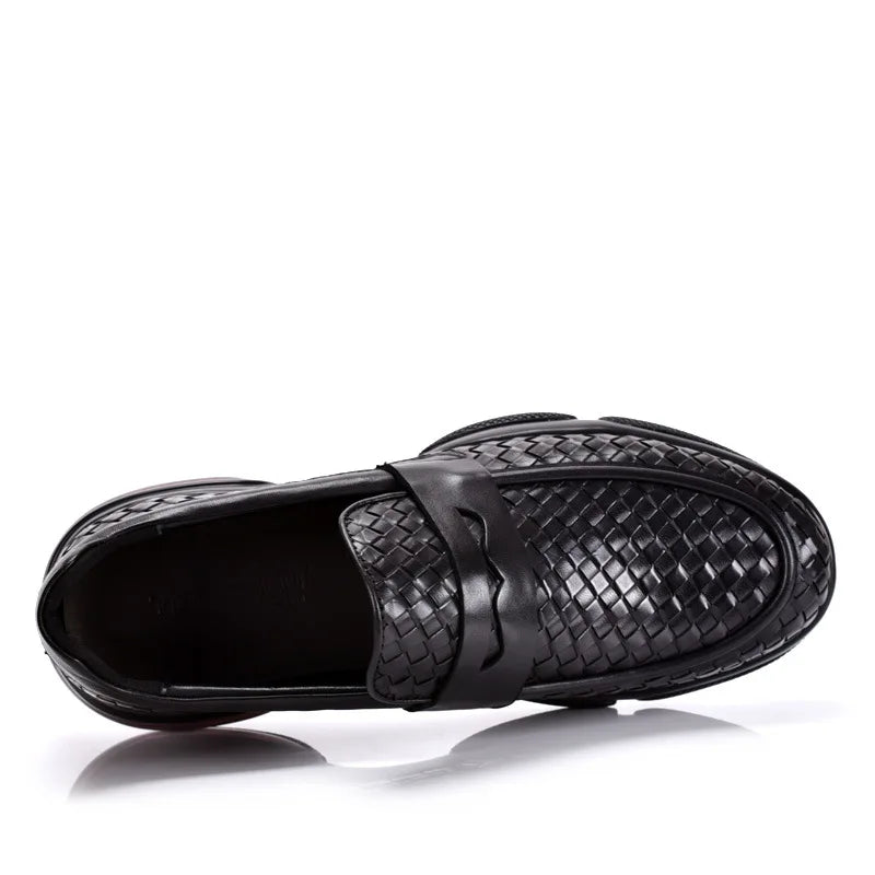 Black Woven Leather Penny Slip-On Sneakers