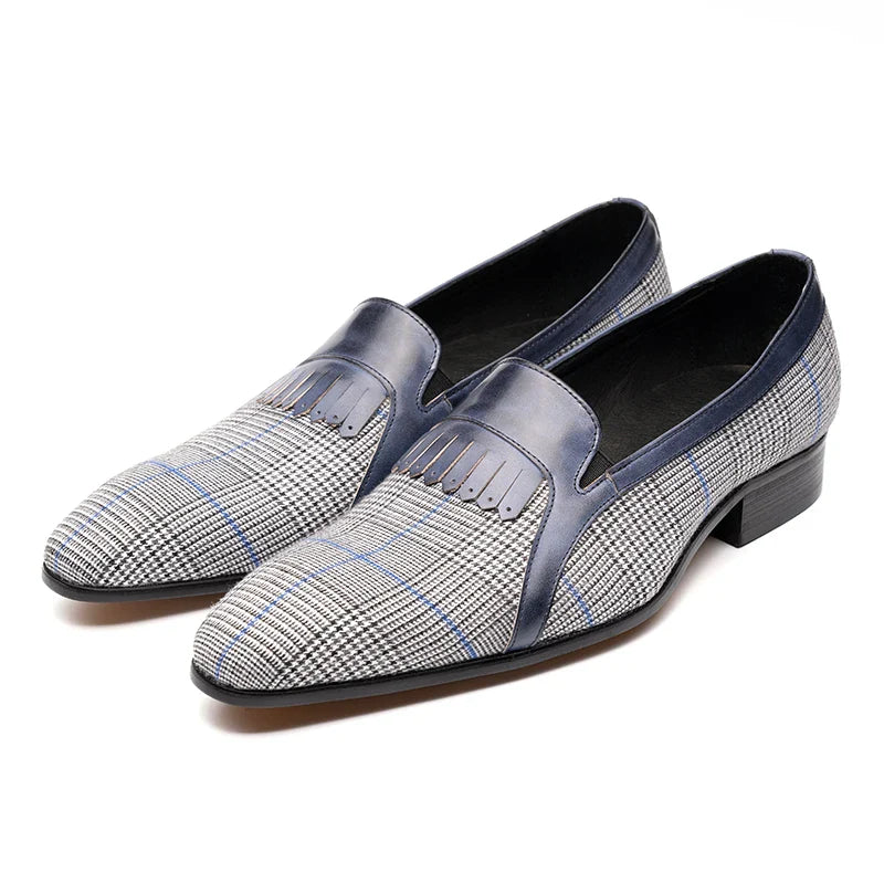Navy Checkered Fringe Loafers