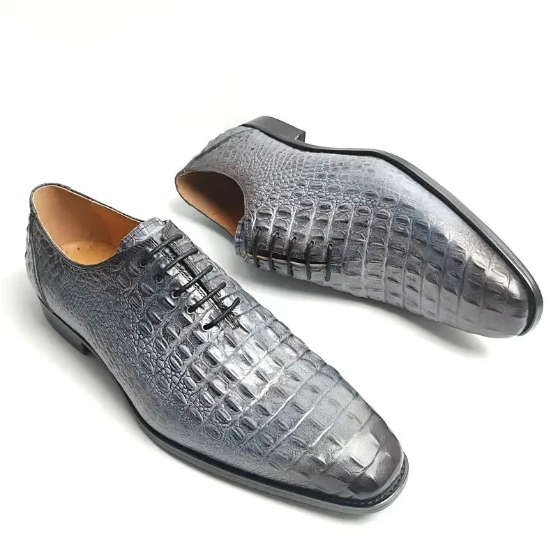 Silver Crocodile-Embossed Leather Dress Shoes