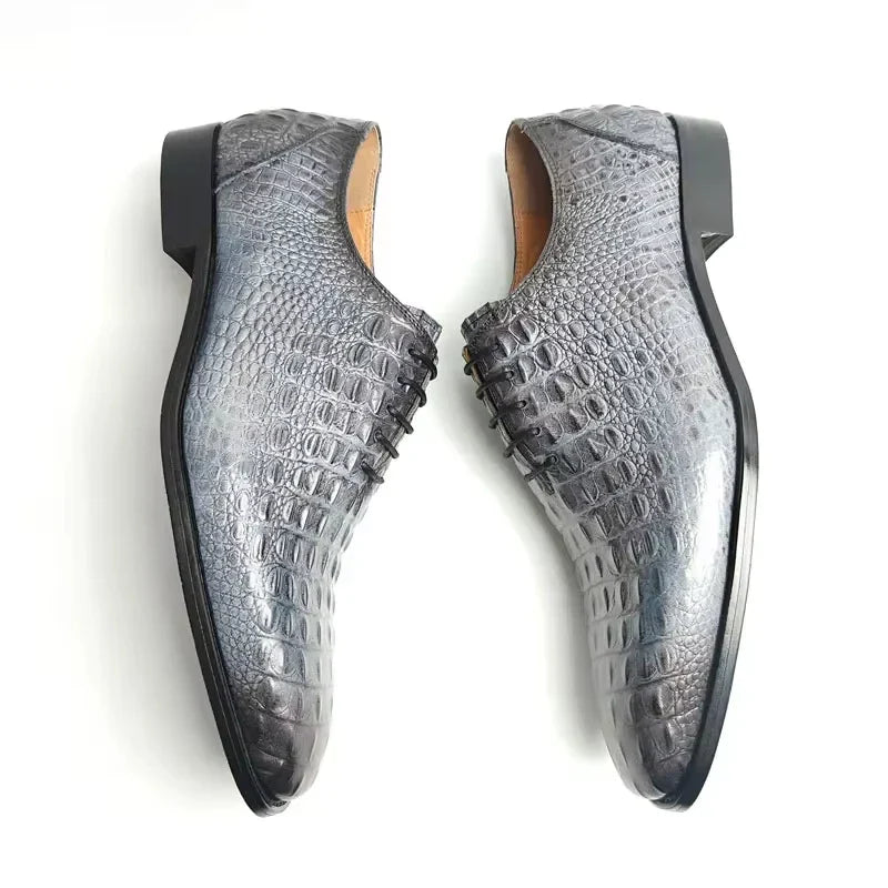 Silver Crocodile-Embossed Leather Dress Shoes