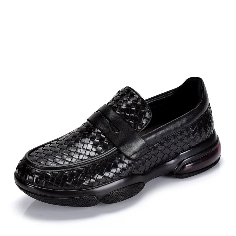 Black Woven Leather Penny Slip-On Sneakers
