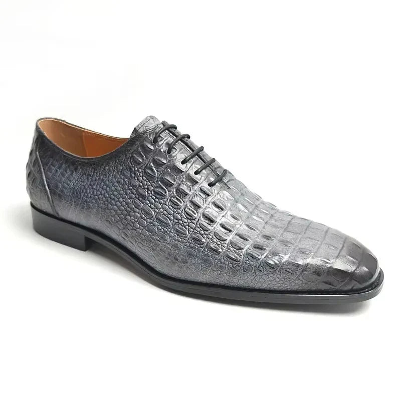 Silver Crocodile-Embossed Leather Dress Shoes