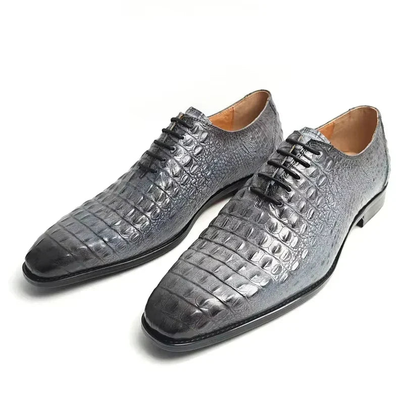 Silver Crocodile-Embossed Leather Dress Shoes