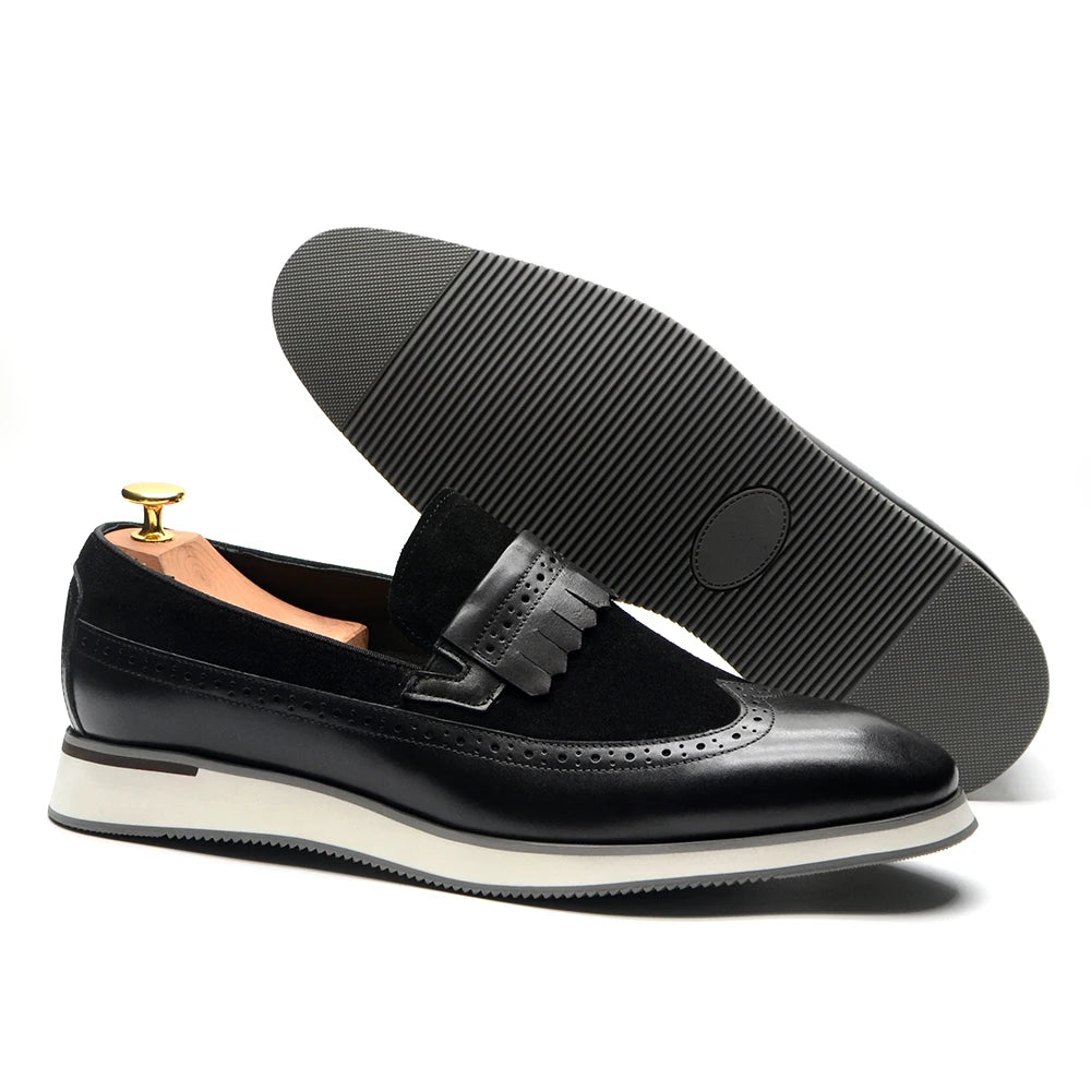 Smart Casual Wingtip Loafers with Fringed Strap and Lifted Hybrid Sole