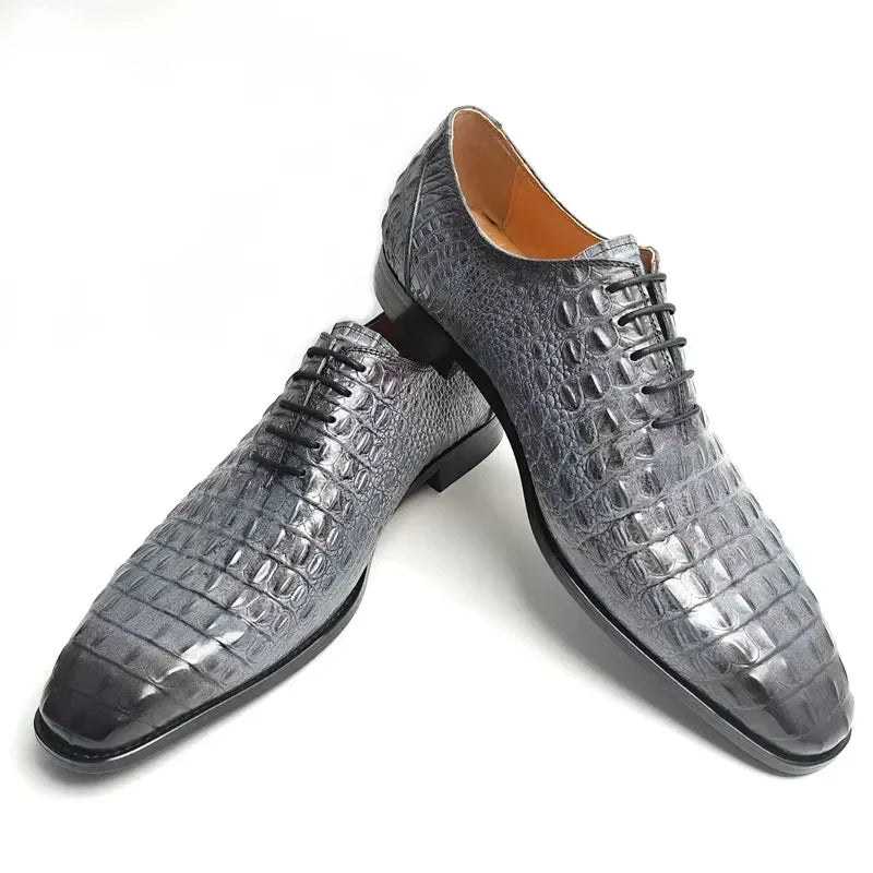 Silver Crocodile-Embossed Leather Dress Shoes