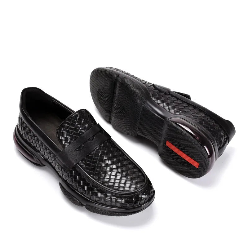 Black Woven Leather Penny Slip-On Sneakers