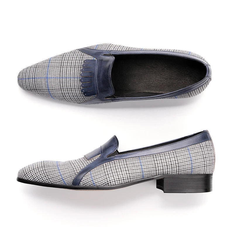 Navy Checkered Fringe Loafers