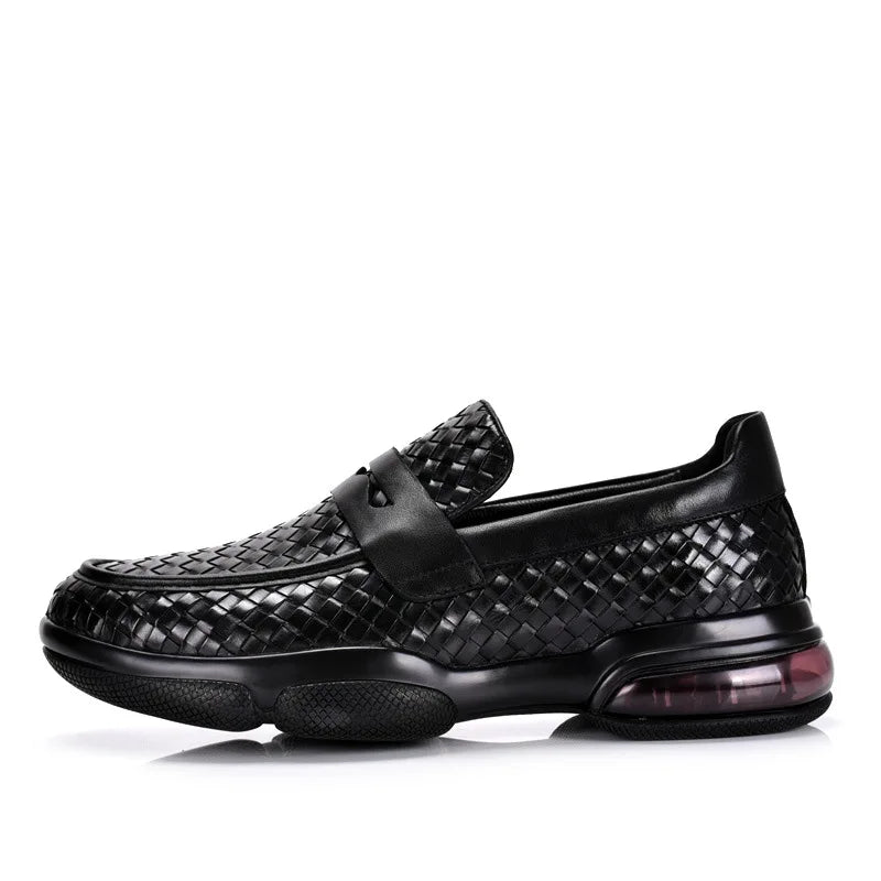 Black Woven Leather Penny Slip-On Sneakers