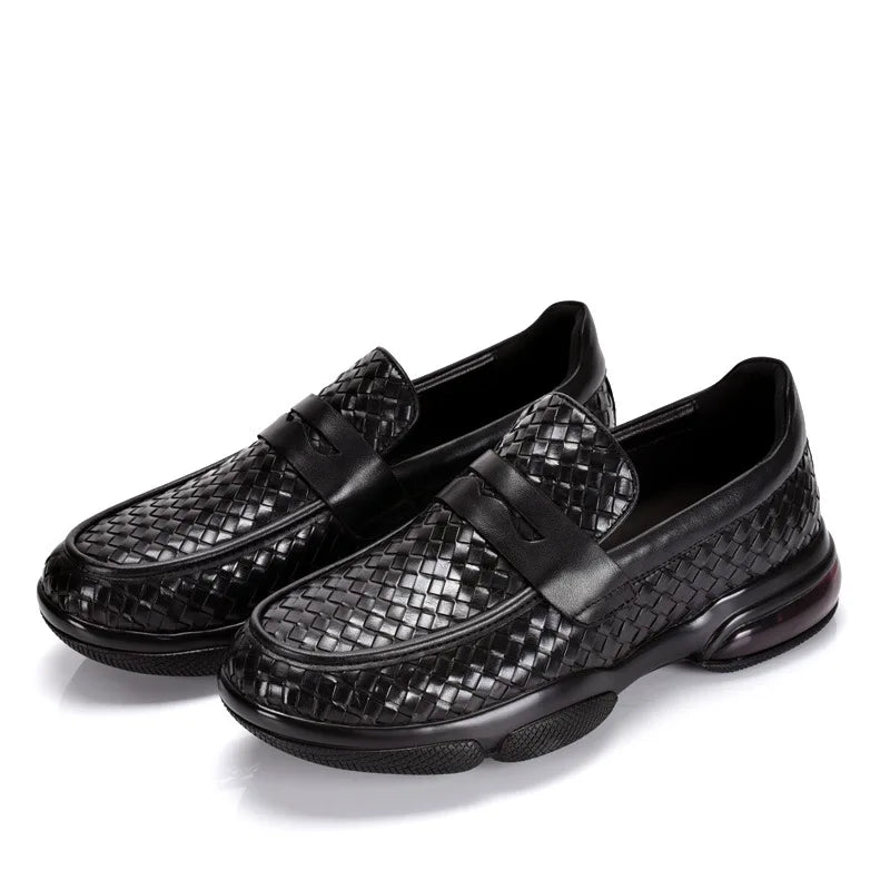 Black Woven Leather Penny Slip-On Sneakers