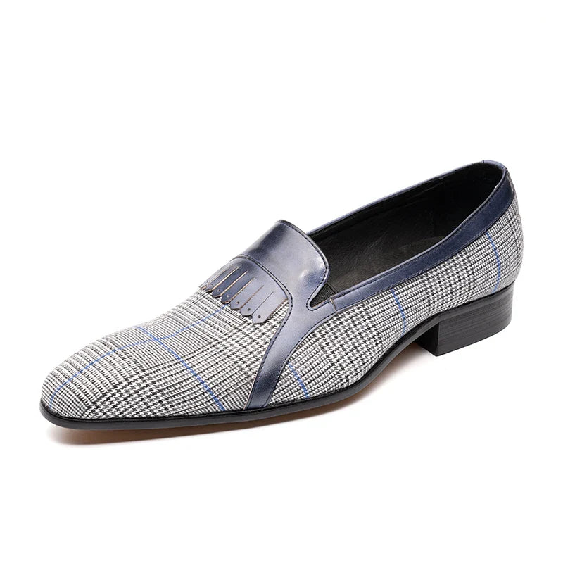 Navy Checkered Fringe Loafers