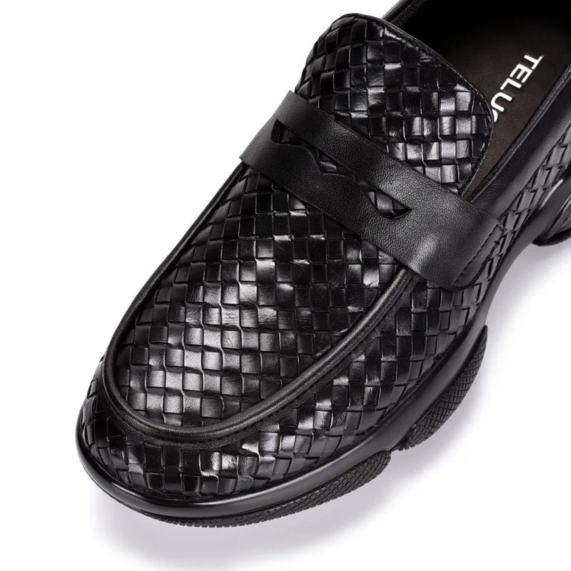 Black Woven Leather Penny Slip-On Sneakers