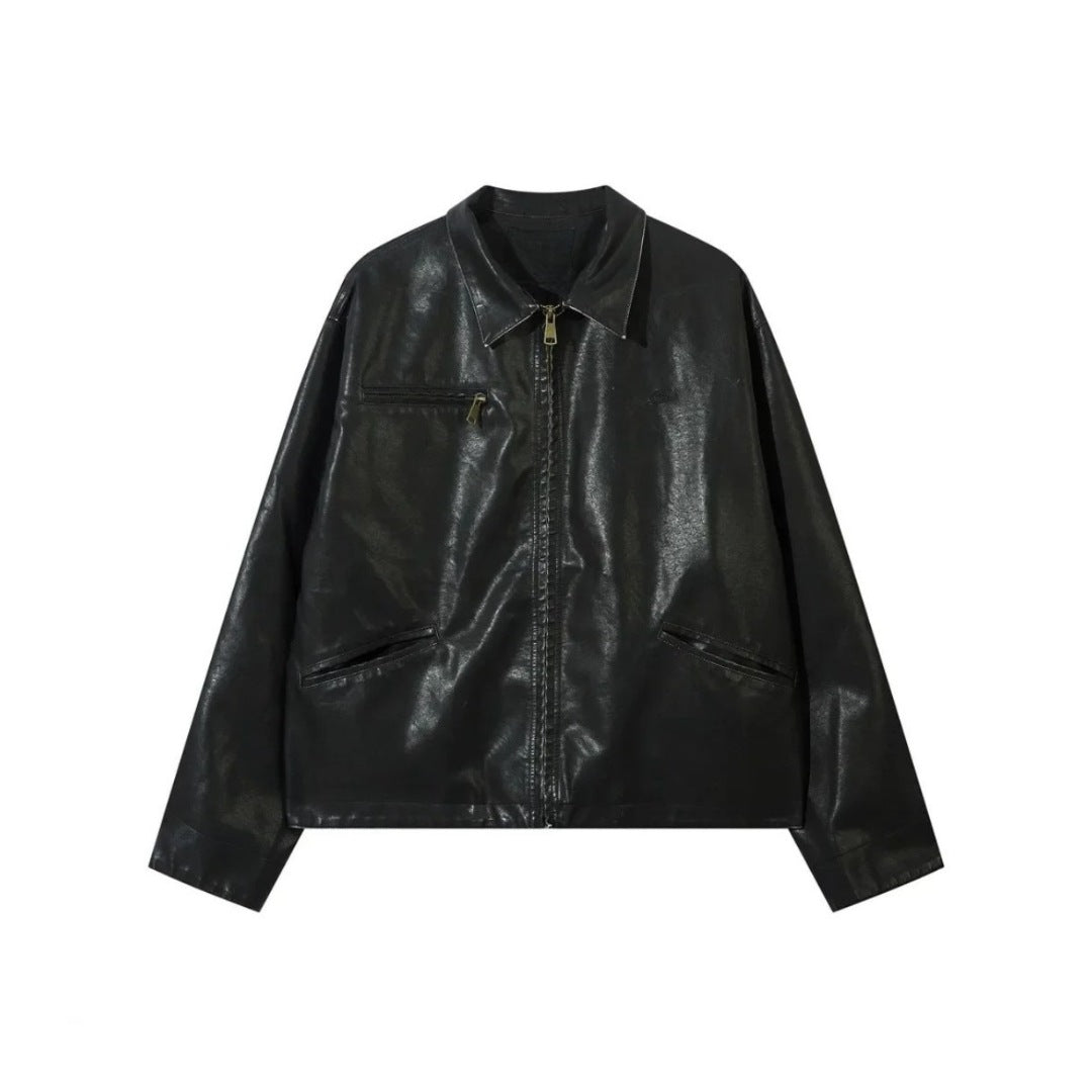 Black Distressed Leather Jacket With Zip-Up Pockets