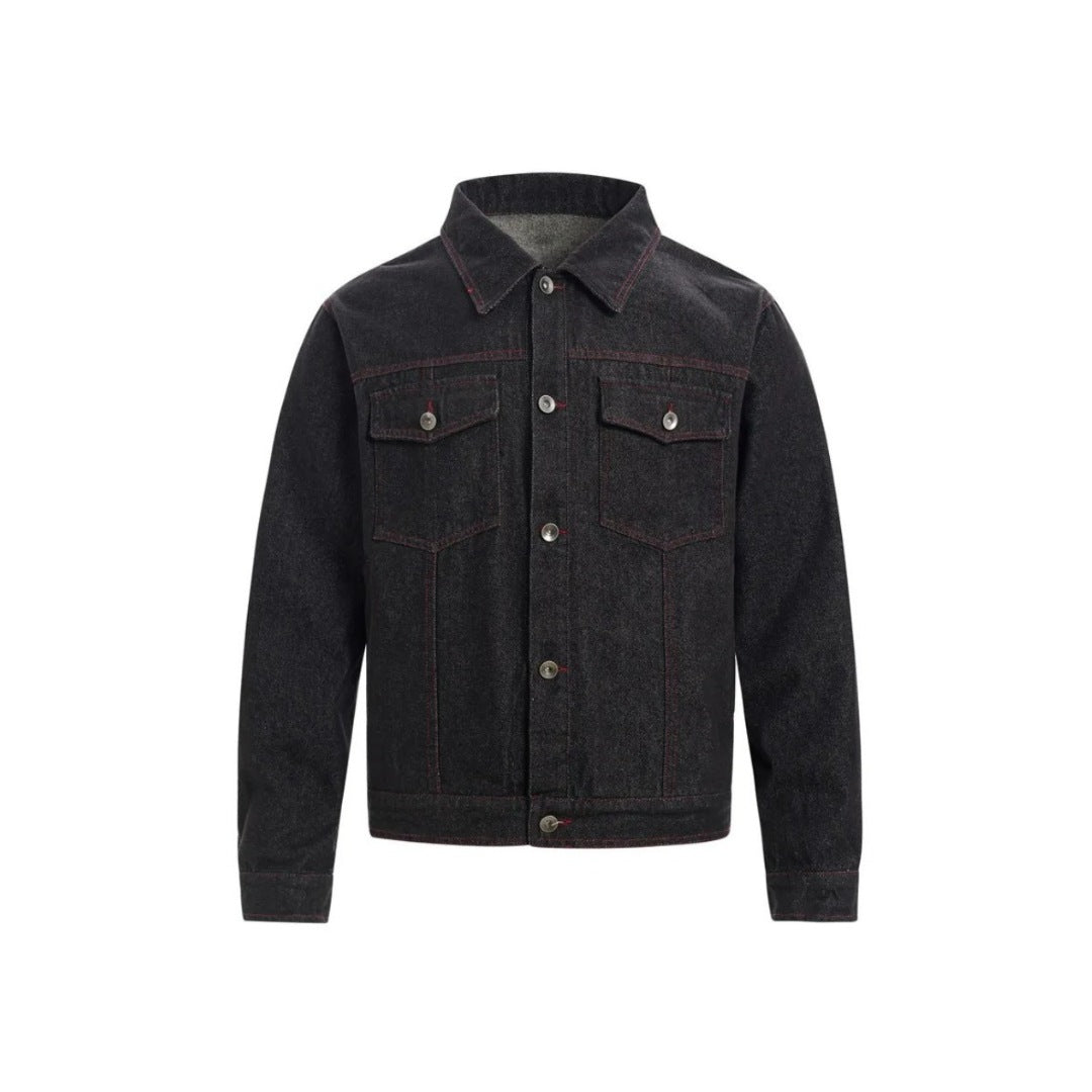 Black Denim Jacket With Lapel Collar and Red Stitching
