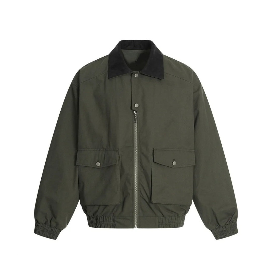 Pocket Panel Cargo Zip Jacket with Suede Collar