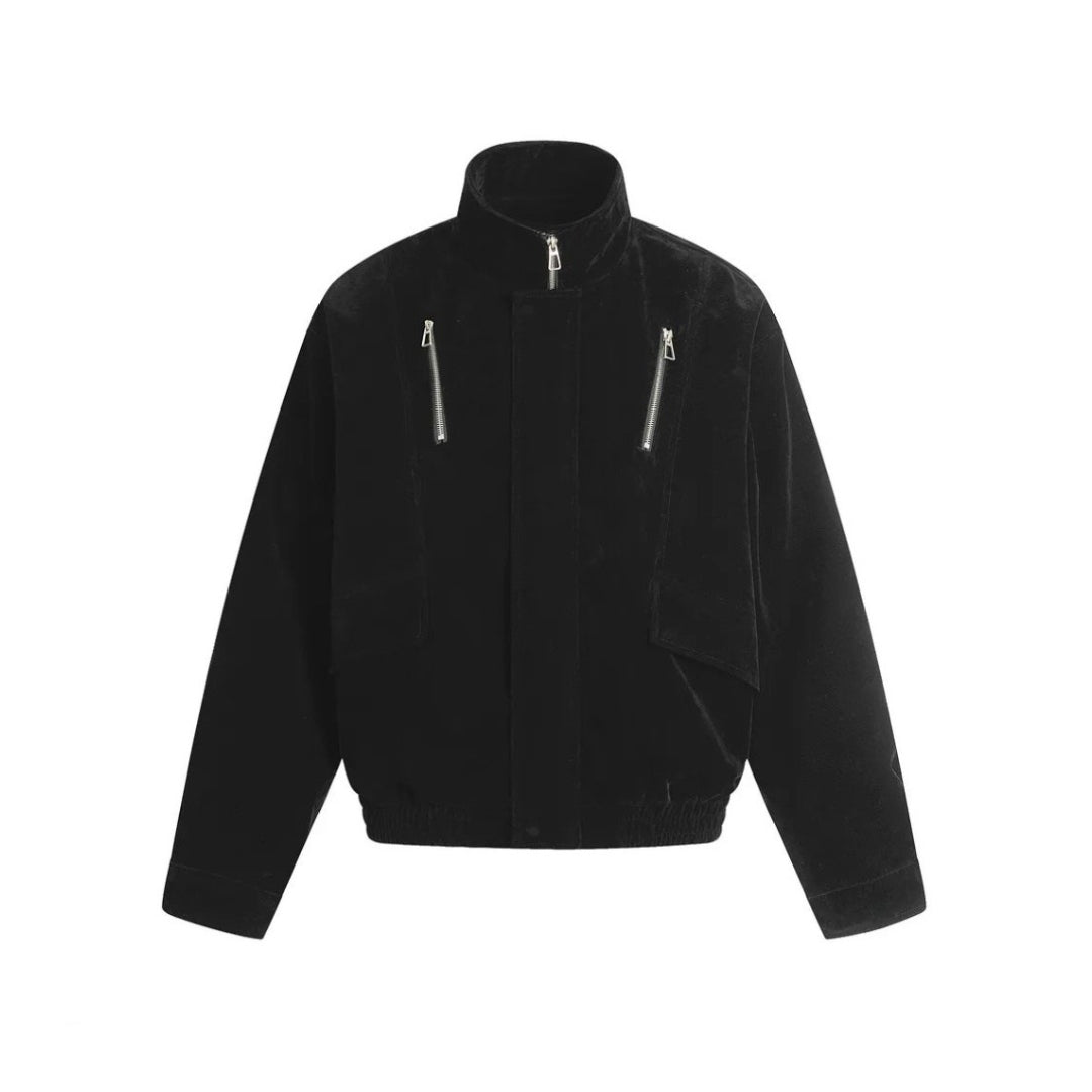 Suede Zip Pocket Cargo Jacket With Stand Collar