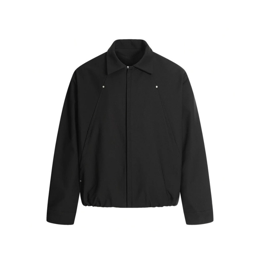 Black Spliced Jacket With Lapel Collar and Zip-Up Closure
