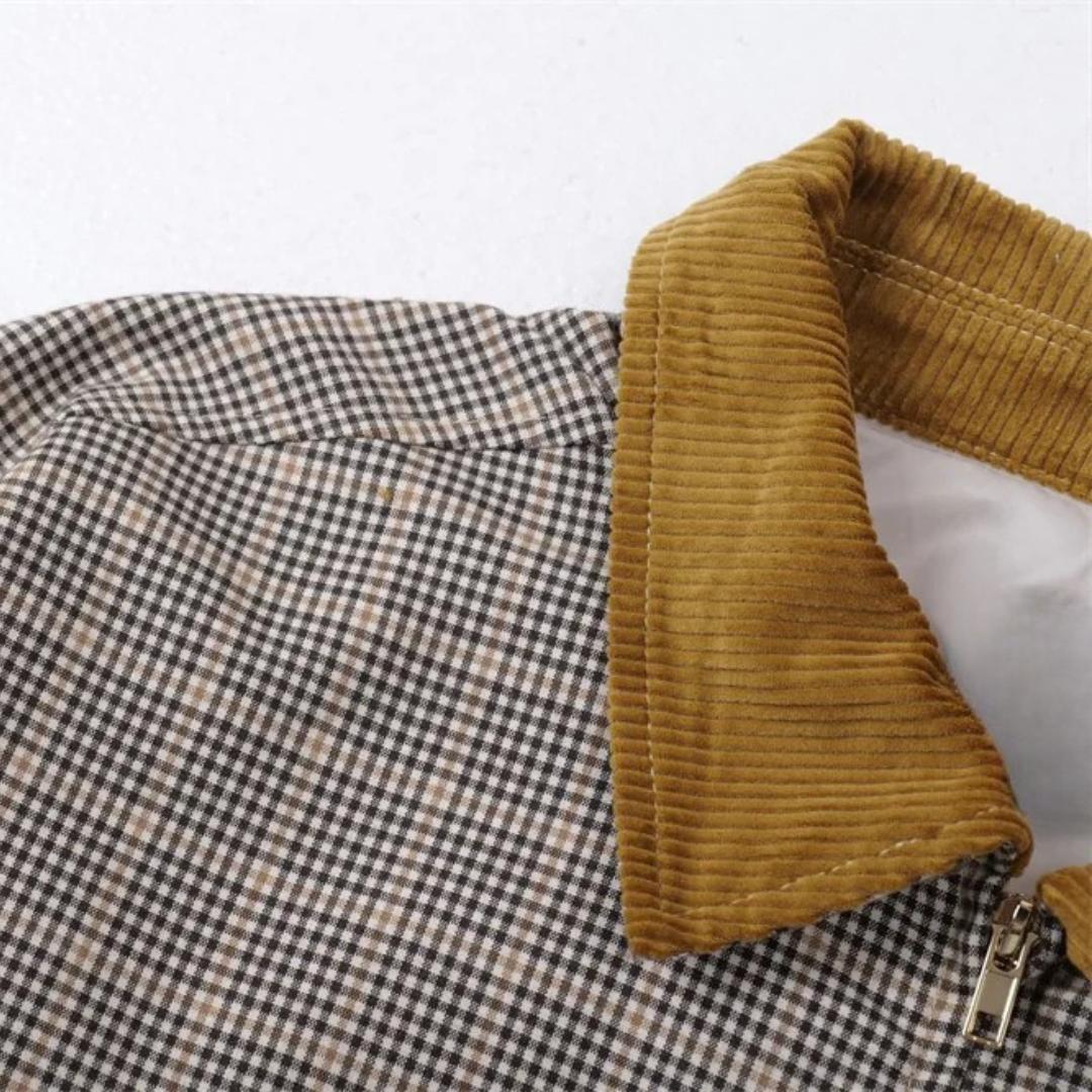 Plaid Beige Harrington Jacket with Corduroy Collar