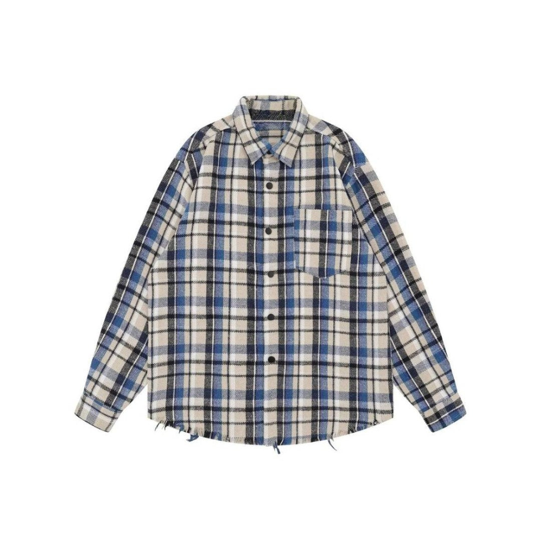 Blue Oversized Raw-Hem Plaid Shirt