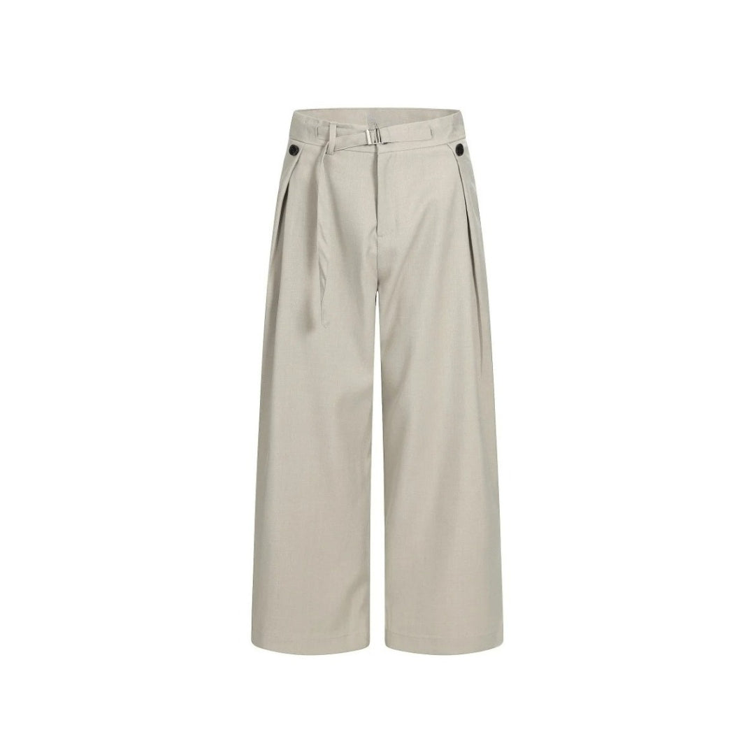 Beige Pleated Wide-Leg Trousers With Integrated Belt