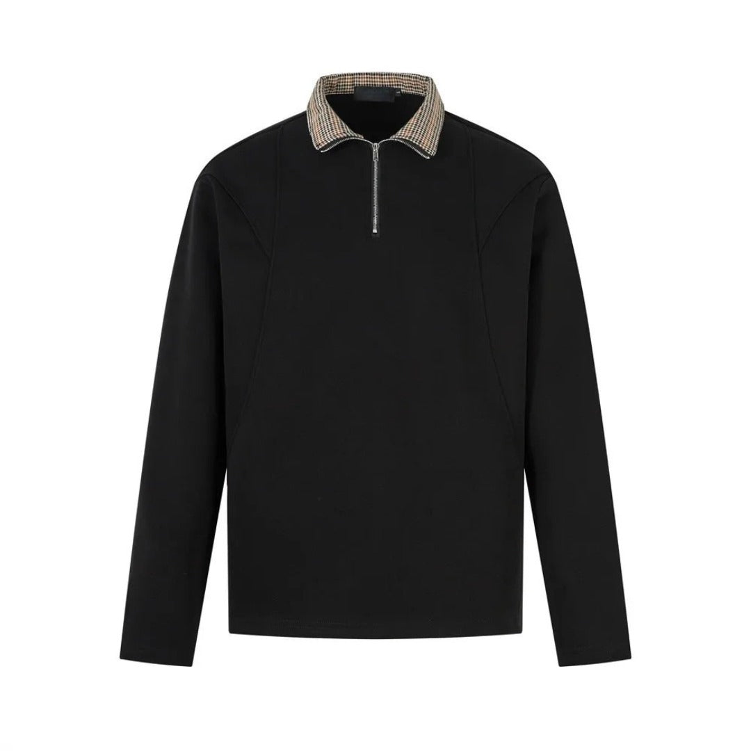Black Long Sleeve Polo with Half-Zip Closure and Plaid Collar
