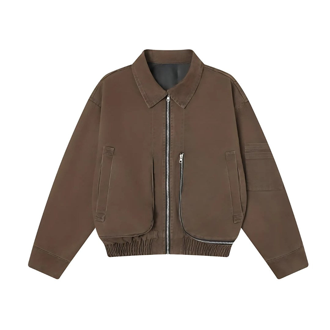Brown Retro Cargo Bomber Jacket With Distressed Finish
