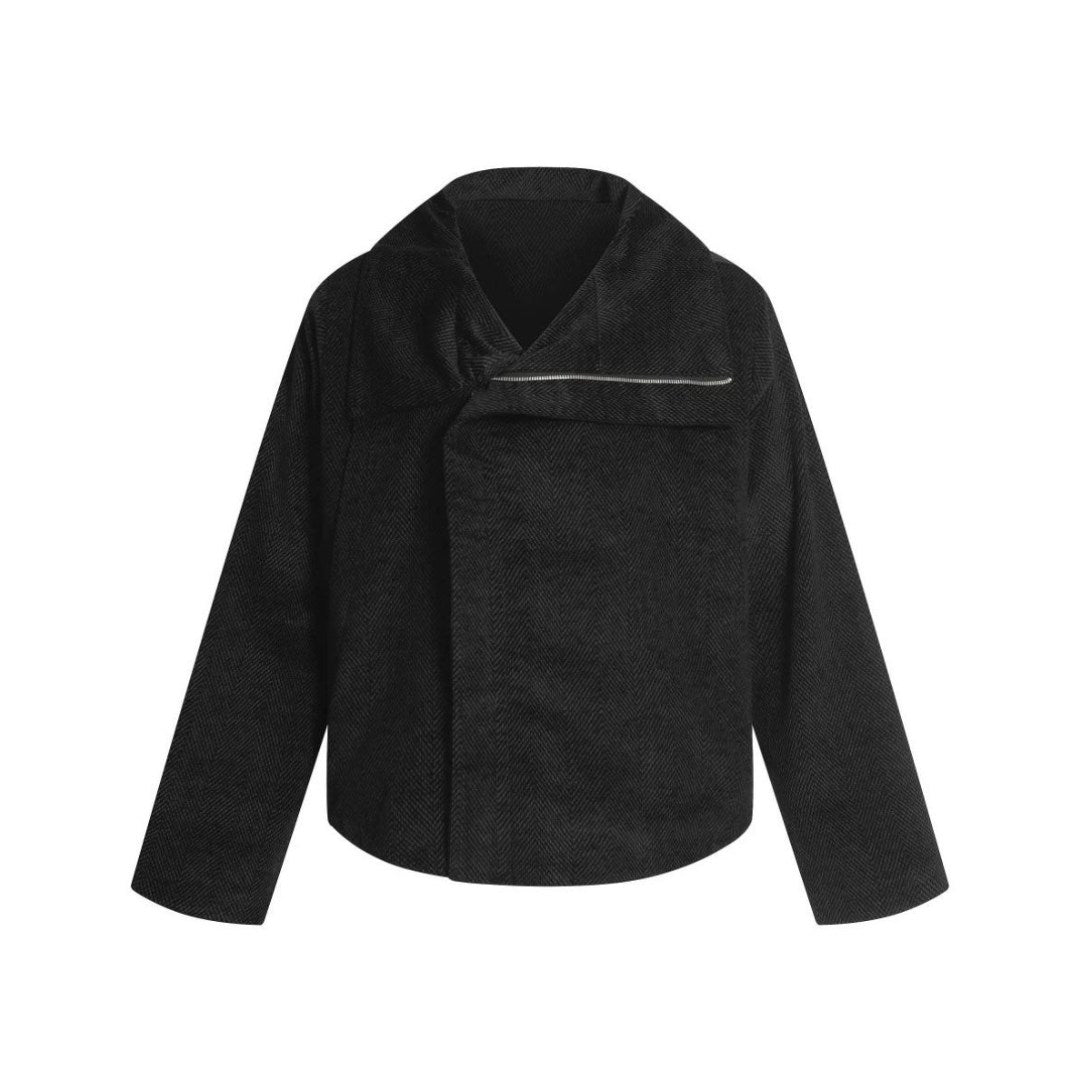 Black Funnel Neck Jacket With Asymmetric Zip Closure