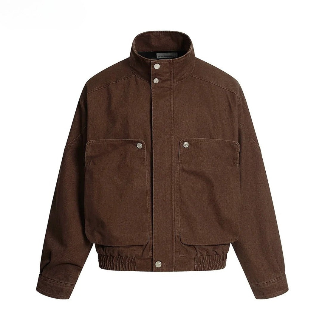 Brown Distressed Denim Cargo Jacket With Stand Collar