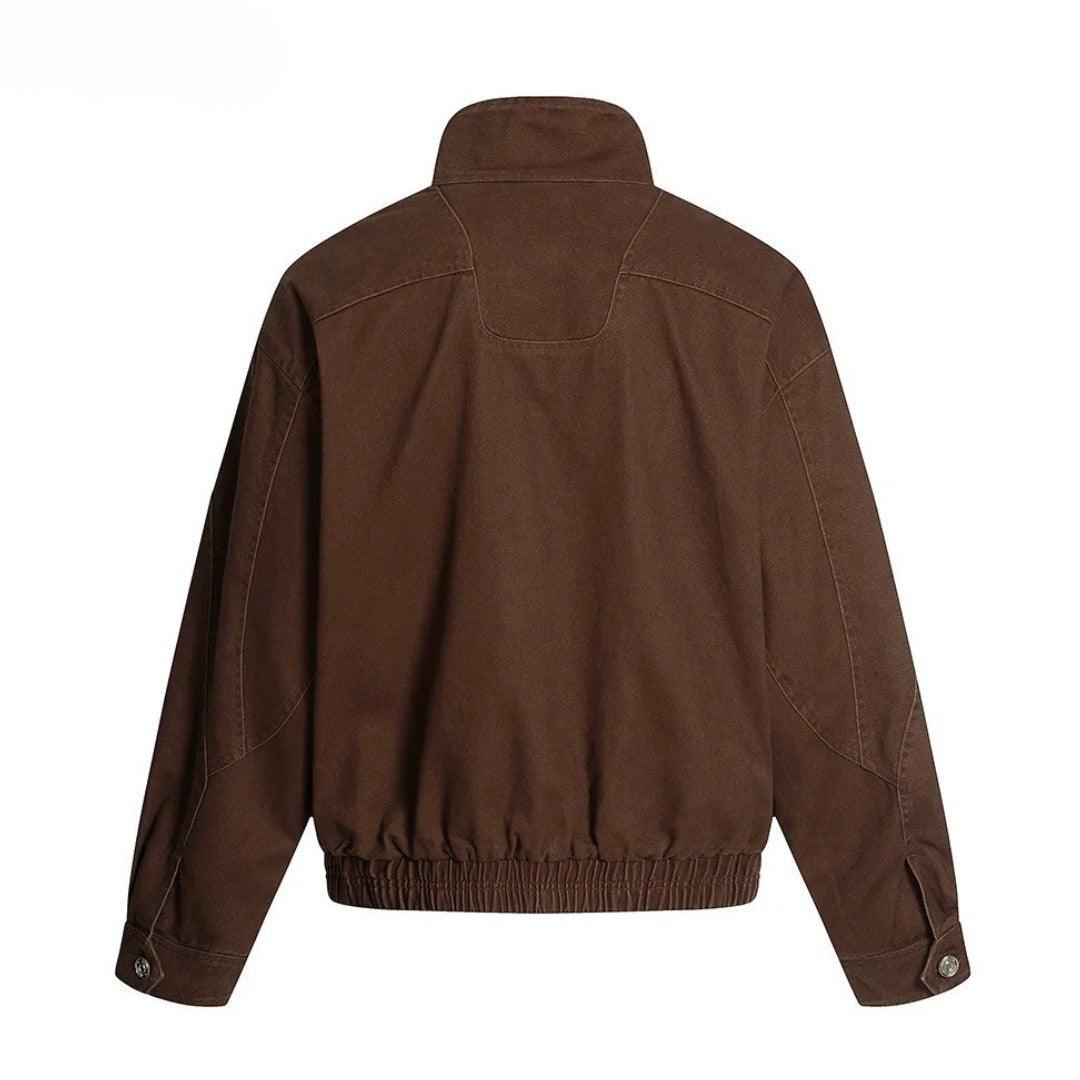 Brown Distressed Denim Cargo Jacket With Stand Collar