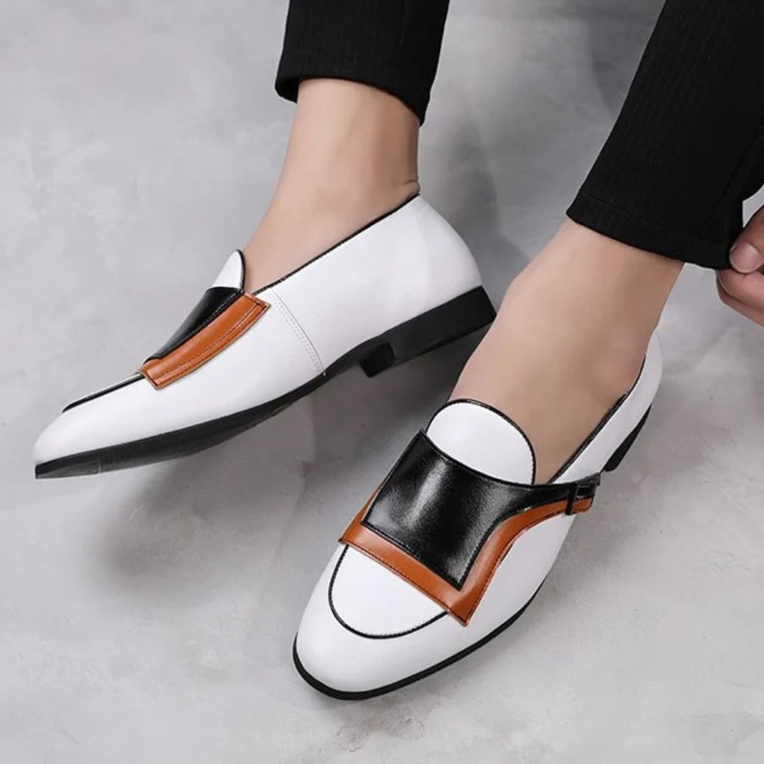 Colourblock Monk Strap Loafers with Pointed Toe and Buckle Detail