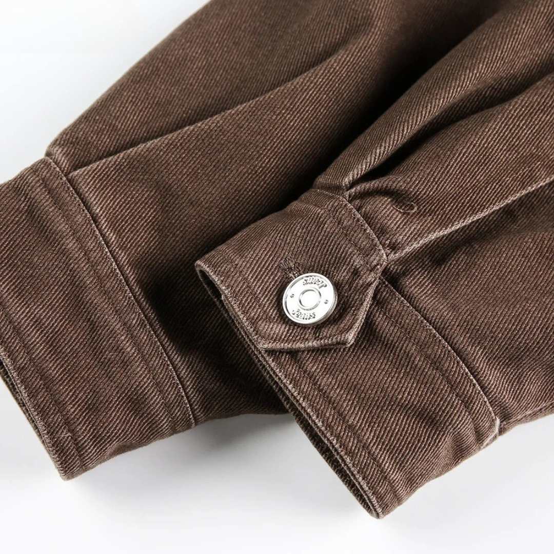 Brown Distressed Denim Cargo Jacket With Stand Collar