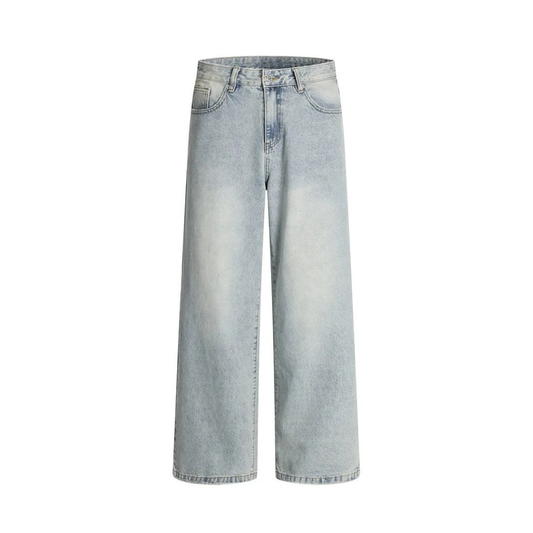 Washed Blue Wide-Leg Denim Jeans with Distressed Finish