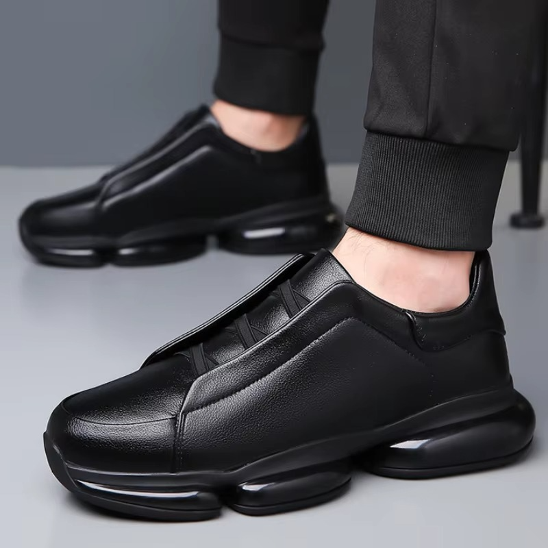 Black Leather Slip-On Sneakers with Bubble Sole
