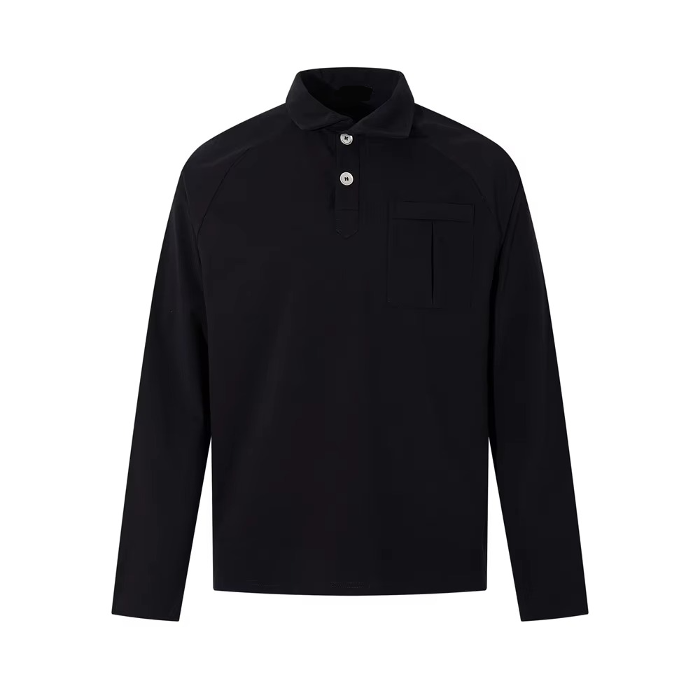 Black Minimalist Spliced Design Long Sleeve Polo